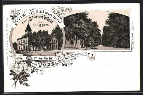 Lithographie Vossloch b. Elmshorn, Hotel u. Restaurant zum grünen Wald, Inh. O. Eggert, Strassenpartie