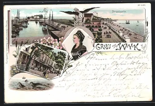 Lithographie Wyk a. Föhr, Kurhaus, Hafen, Strandpartie, Frau in Tracht