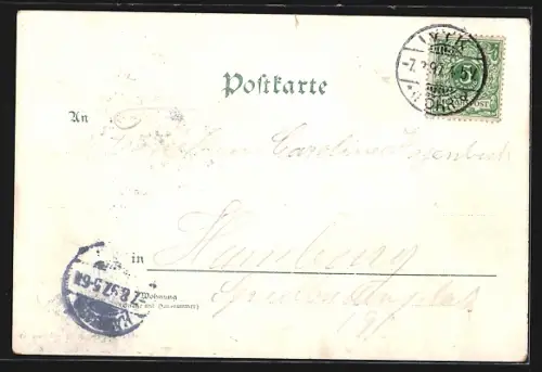 Lithographie Wyk a. Föhr, Kurhaus, Hafen, Strandpartie, Frau in Tracht