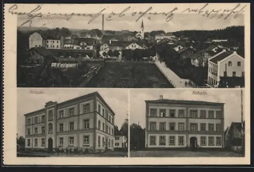 AK Kolbermoor, Schule, Ortsansicht mit Kirche aus der Vogelschau