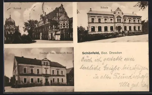 AK Schönfeld /Dresden, Gasthof, Bes. Heinrich Rose, Schule und Schloss
