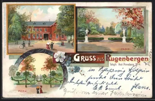 Lithographie Rugenbergen, Gasthaus mit Park