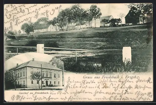 AK Friedebach i. Erzgeb., Gasthof zu Friedebach, Ortspartie