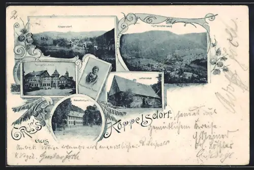 AK Köppelsdorf, Hotel Thüringer Hof und Schule, Frau in Tracht, Lutherhaus, Sanatorium und Ortsansicht