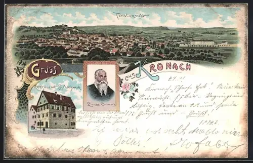 Lithographie Kronach, Restaurant Scharfeneck, Porträt Lucas Cranach, Totalansicht