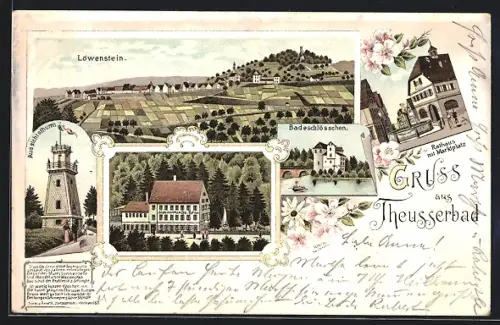 Lithographie Theusserbad, Badeschlösschen, Marktplatz mit Rathaus, Wasserbad