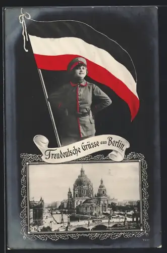 AK Berlin, Dom im Passepartout, Frau in Heeres-Uniform, Nationalfahne