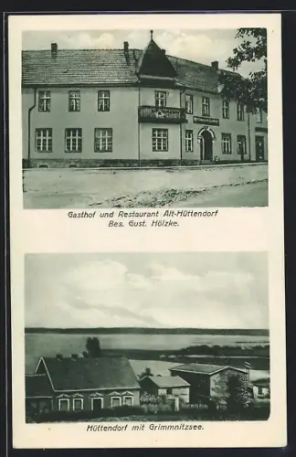 AK Hüttendorf, Gasthof Alt-Hüttendorf, Bes. Gust. Hölzke, Teilansicht des Ortes mit Grimmnitzsee