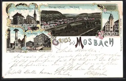 Lithographie Mosbach / Baden, Palmsches Haus mit Kirche, Gewerbe Schule, Kriegerdenkmal