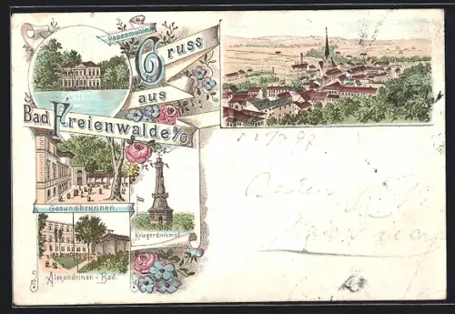 Lithographie Bad Freienwalde, Gesundbrunnen, Kriegerdenkmal, Alexandrinen-Bad, Ortsansicht aus der Vogelschau