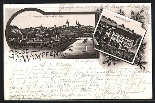 Lithographie Wimpfen a. N., Badhotel Ritter, Totalansicht der Stadt