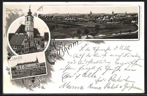 Lithographie Crailsheim, Bahnhof, Johanniskirche & Ortsansicht