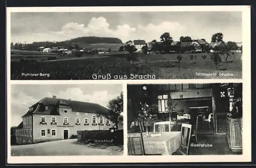 AK Stacha, Gasthof mit Gaststube und Ortsausblick mit Pohlaer Berg