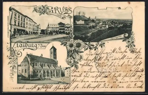 AK Kraiburg, Ortsansicht, Blick auf Markt und Pfarrkirche