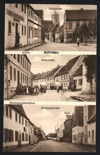 AK Schildau, Restaurant Gneisenau in der Kirchstrasse, Gneisenaustrasse, Schulstrasse