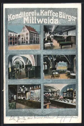 AK Mittweida, Konditorei u. Kaffee Bürger, Innen- und Aussenansicht