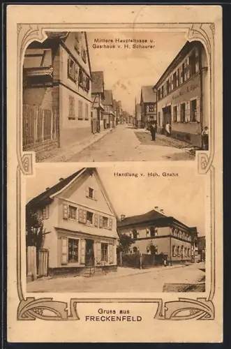 AK Freckenfeld, Handlung von Hch. Gnahn, Gasthaus v. H. Schaurer in der Mittleren Hauptstrasse