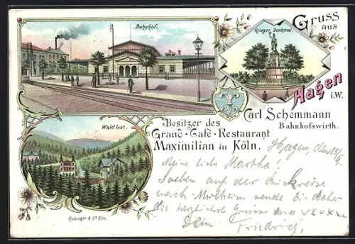 Lithographie Hagen i. W., Bahnhof, Gasthaus Waldlust mit Umgebung