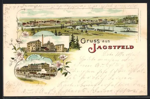 Lithographie Jagstfeld, Altes Stein-Salzbergwerk, Bahnhof, Panorama