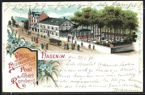 Lithographie Hagen i. W., Restaurant zur Post, Inh. Albert Romberg, Strassenbahn