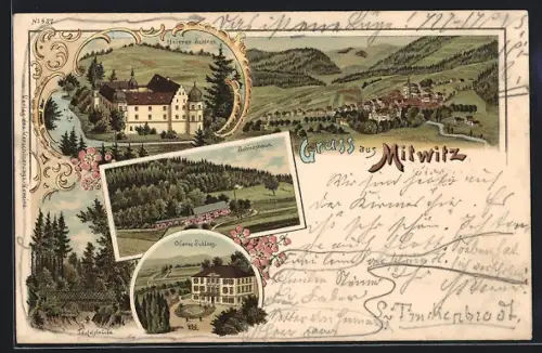 Lithographie Mitwitz, Schiesshaus, Oberes Schloss, Teufelsbrücke