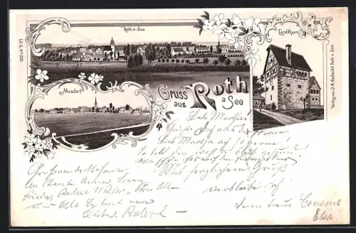 Lithographie Roth a. See, Ortsansicht, Musdorf, Landturm