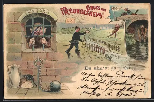 Lithographie Fuhlsbüttel / Hamburg, Gefängnis, Entlaufener Gefangener auf der Flucht