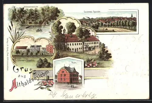 Lithographie Althaldensleben, Post, Schreyers Brauerei, Schloss
