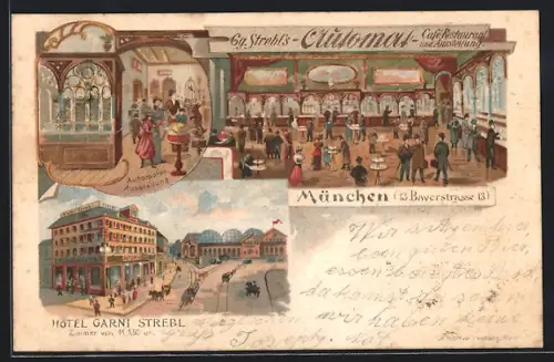Lithographie München, Hotel Garni Strebl, Bayerstrasse 13, Automaten-Ausstellung