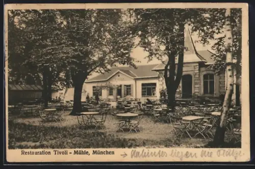 AK München-Schwabing, Restaurant Tivoli-Mühle, Tische im Garten