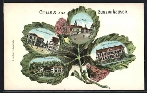 Passepartout-Lithographie Gunzenhausen, Distrikts-Krankenhaus, Hensolts-Höhe und Schranne mit Realschule im Kleeblatt