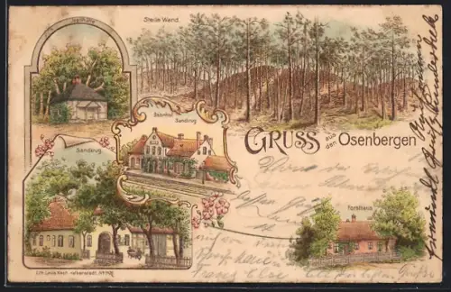 Lithographie Sandkrug / Osenberg, Gasthof, Bahnhof, Jagdhütte