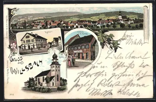 Lithographie Willsbach, Handlung v. G. Knapp, Rathaus, Kirche, Ortspanorama