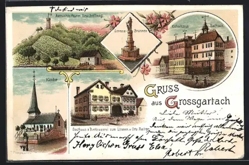 Lithographie Grossgartach, Gasthaus und Bierbrauerei zum Löwen v. Otto Reiter, Lorenz-Brunnen, Schulhaus, Rathaus