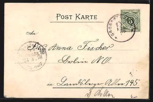 Lithographie Grossgartach, Gasthaus und Bierbrauerei zum Löwen v. Otto Reiter, Lorenz-Brunnen, Schulhaus, Rathaus