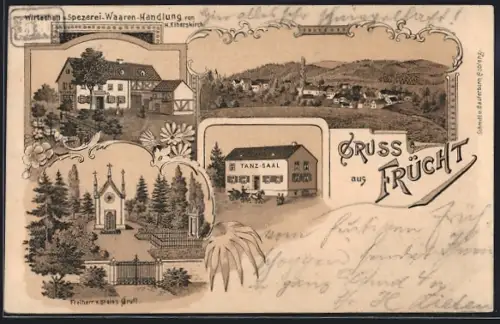 Lithographie Frücht, Gasthaus u. Spezerei-Waaren Hdl. v. H. Elberskirch, Tanz-Saal