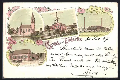 Lithographie Edderitz, Post, Zuckerfabrik, Grube Leopold, Kirche