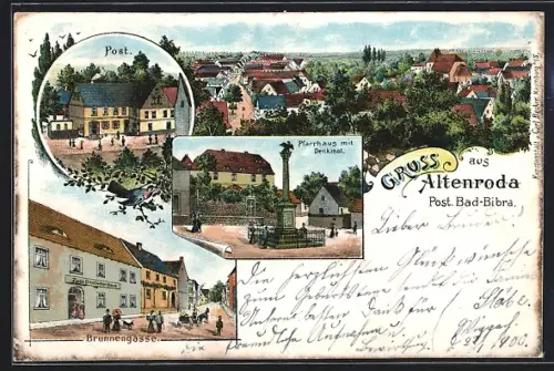 Lithographie Altenroda, Strassenpartie Brunnengasse mit Gasthaus zum Deutschen Haus, Pfarrhaus mit Denkmal, Post