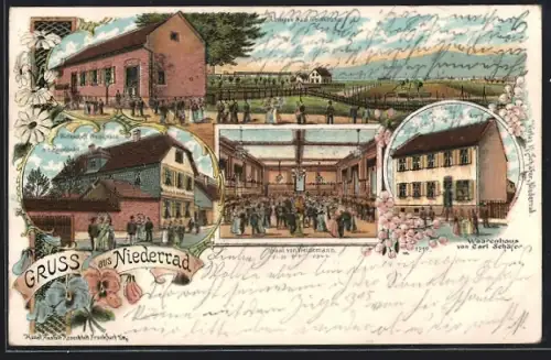 Lithographie Frankfurt-Niederrad, Gasthof Weidemann mit Kegelbahn, Warenhaus von Carl Schäfer, Innenansicht