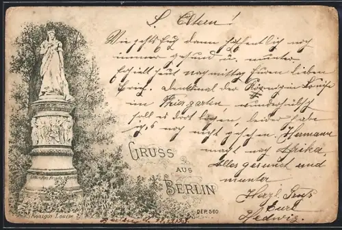 Vorläufer-Lithographie Berlin, 1893, Grosser Tiergarten mit Königin-Louise-Denkmal