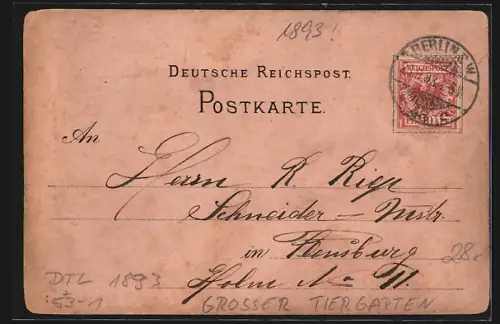 Vorläufer-Lithographie Berlin, 1893, Grosser Tiergarten mit Königin-Louise-Denkmal