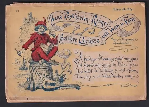 Broschüre 64 Seiten, Düsseldorf, Neue Postkarten-Reime, Verlag von Ad. Spaarmann, Narr auf einem Fass sitzend
