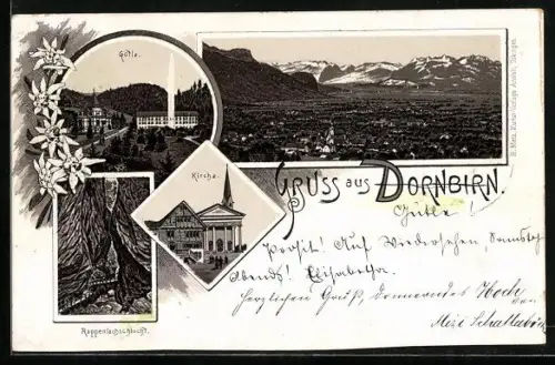 Vorläufer-Lithographie Dornbirn, 1894, Gasthaus Gütle, Kirche und Rappenlochschlucht
