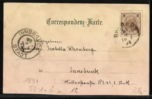 Vorläufer-Lithographie Dornbirn, 1894, Gasthaus Gütle, Kirche und Rappenlochschlucht