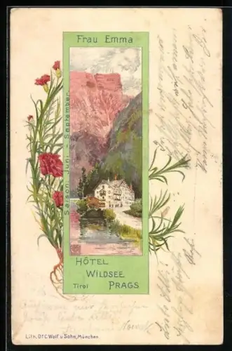 Lithographie Prags, Hotel Wildsee Prags Frau Emma, Nelken