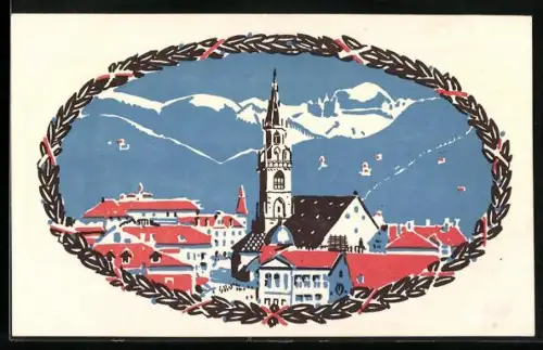 AK Bozen, Ausstellung Bozner Messe, Ortspartie mit Kirche