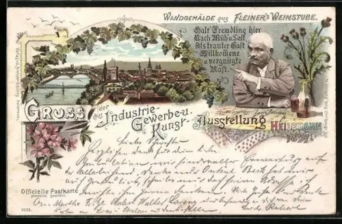 Lithographie Heilbronn, Blick auf die Stadt, Restaurant Fleiner`s Weinstube, Oberbürgermeister