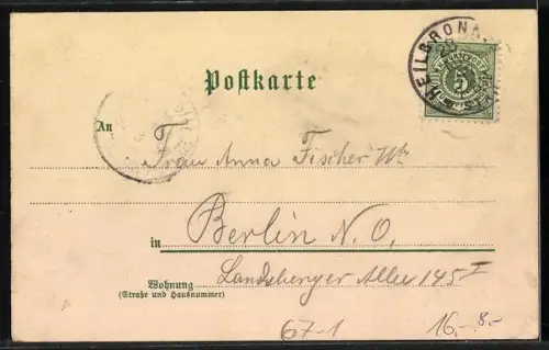 Lithographie Heilbronn, Blick auf die Stadt, Restaurant Fleiner`s Weinstube, Oberbürgermeister
