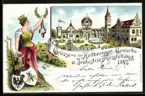 Lithographie Heilbronn, Gewerbe- u. Industrie-Ausstellung 1897, Veranstaltungsgelände, Frau mit Lorbeerkranz