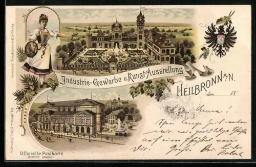 Lithographie Heilbronn, Industrie-Gewerbe- und Kunst-Ausstellung 1897, Ausstellungsgebäude, Trachtenmädchen, Wappen